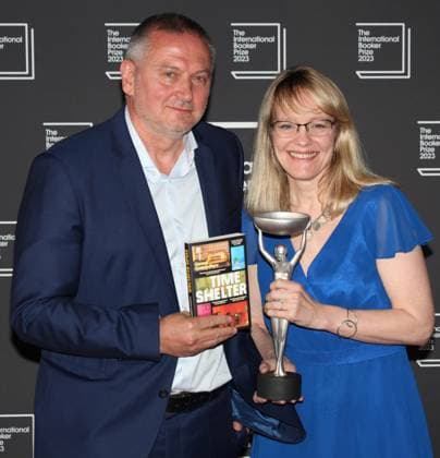 International Booker Prize 2023 London, UK. Bulgarian born writer Georgi Gospodinov wins the International Booker Prize 2023 for his book Time Shelter. He is seen here with Angela Rodel who translated the work into English. Sky Garden. 23rd May 2023. LMK11-SLIVE240523-001 