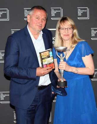 International Booker Prize 2023 London, UK. Bulgarian born writer Georgi Gospodinov wins the International Booker Prize 2023 for his book Time Shelter. He is seen here with Angela Rodel who translated the work into English. Sky Garden. 23rd May 2023. LMK11-SLIVE240523-001 