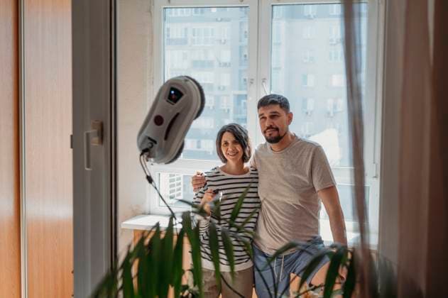 Couple looking at window cleaning robot model released, Symbolfoto property released, ANAF01242