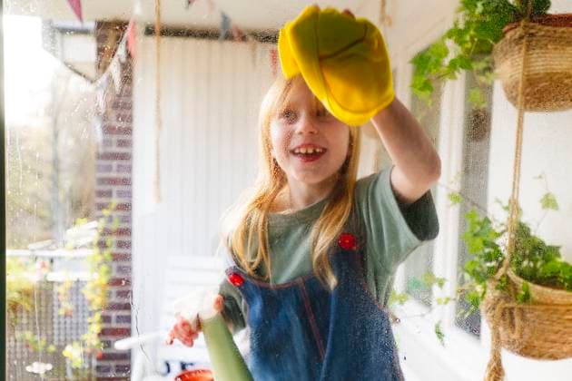 Happy redhead girl cleaning window glass on balcony model released, Symbolfoto property released, IHF01351