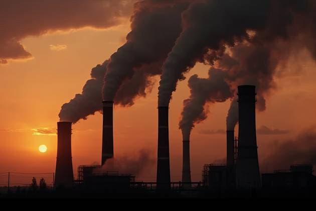 Industrial chimneys emitting smoke and polluting at sunset. Climate change concept. Generative AI MarcosOsorio_ID14063_424225_016 Copyright: xMarcosxOsoriox RECORD DATE NOT STATED Model Released