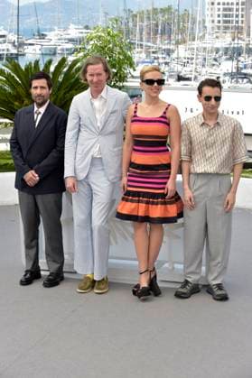 Jason Schwartzman, Wes Anderson, Scarlett Johansson , Jake Ryan attend the Asteroid City photocall at the 76th annual Cannes film festival at Palais des Festivals on Wednesday, May 24, 2023 in Cannes, France.  CAN20230524802 RoccoxSpaziani
