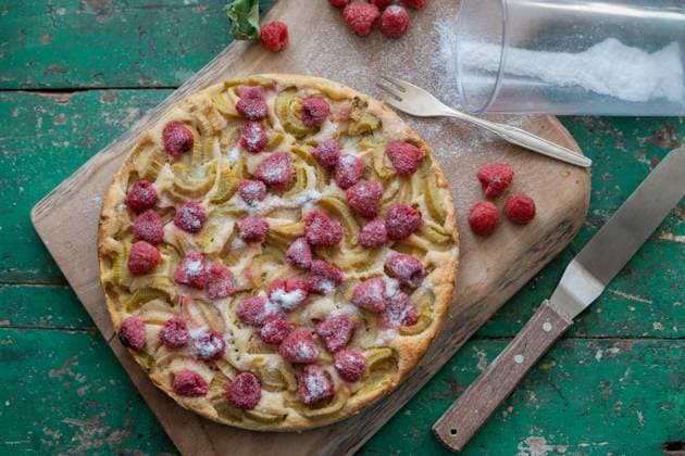  Foodfotografie, Himbeer-Rhabarber-Torte mit Zucker *** Food Photography, Raspberry Rhubarb Cake with Sugar Copyright: imageBROKER/FranziskaxRitter ibladr09282607.jpg