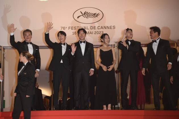 May 24, 2023, CANNES, France: CANNES, FRANCE - MAY 24: (L-R) Han Jae-duk, Xa Bin Hong, Joong Ki Song, Hyoung Seo Kim, Kim Chang-Hoon and guest attend the Il Sol Dell Avvenire (A Brighter Tomorrow) red carpet during the 76th annual Cannes film festival at Palais des Festivals on May 24, 2023 in Cannes, France. CANNES France - ZUMAi09_ 20230524_zaf_i09_034 Copyright: xFrederickxInjimbertx