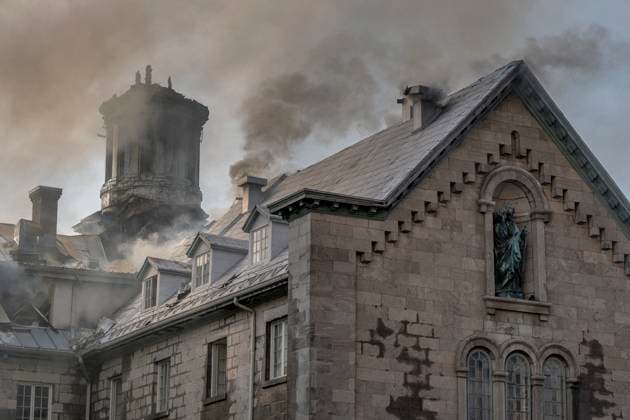 May 26, 2023, MONTREAL, PQ, CANADA: Firefighters respond to a five-alarm fire at the former Monastere du Bon Pasteur, a 19th century heritage building on Friday May 26, 2023 in Montreal. MONTREAL CANADA  - ZUMAc35_ 20230526_zaf_c35_002 Copyright: xChristinnexMuschix