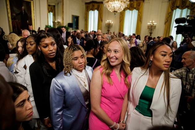 (From left to right) LSU players Angel Reese, Kateri Poole, Emily Ward, and Last-Tear Poo leave the East Room following an event with the Louisiana State University Women s Basketball team in the East Room at the White House on May 26, 2023 in Washington, D.C. The event is celebrating the Louisiana State University Tigers Women s Basketball team winning the 2022-2023 NCAA championship.  WASP20230526111 SamuelxCorum