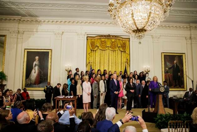 First Lady Jill Biden (right) speaks during an event with the Louisiana State University Women s Basketball team in the East Room at the White House on May 26, 2023 in Washington, D.C. The event is celebrating the Louisiana State University Tigers Women s Basketball team winning the 2022-2023 NCAA championship.  WASP20230526114 SamuelxCorum