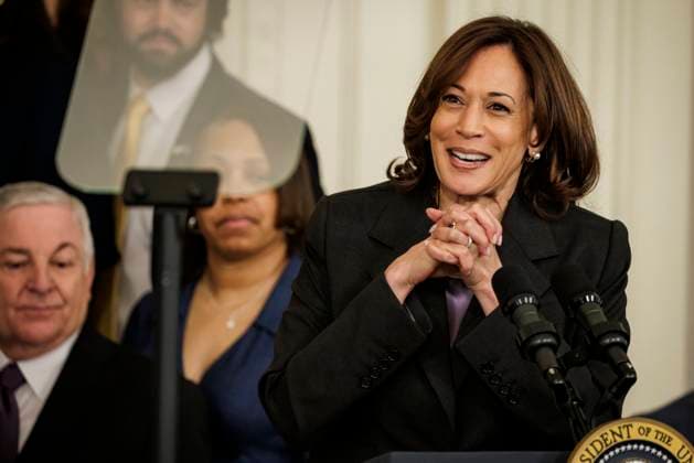 Vice President Kamala Harris speaks during an event with the Louisiana State University Women s Basketball team in the East Room at the White House on May 26, 2023 in Washington, D.C. The event is celebrating the Louisiana State University Tigers Women s Basketball team winning the 2022-2023 NCAA championship.  WASP20230526115 SamuelxCorum