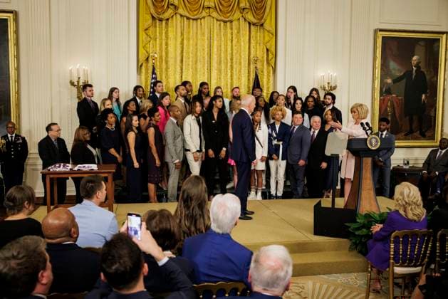 Head Coach Kim Mulkey (right) speaks during an event with the Louisiana State University Women s Basketball team in the East Room at the White House on May 26, 2023 in Washington, D.C. The event is celebrating the Louisiana State University Tigers Women s Basketball team winning the 2022-2023 NCAA championship.  WASP20230526117 SamuelxCorum
