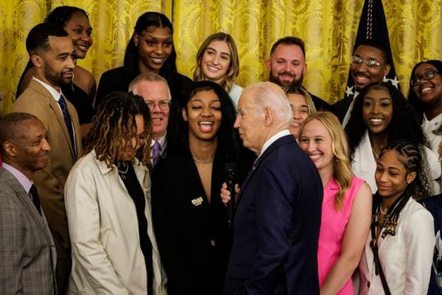 President Joe Biden addresses members of the Louisiana State University Women s Basketball team during an event in the East Room at the White House on May 26, 2023 in Washington, D.C. The event is celebrating the Louisiana State University Tigers Women s Basketball team winning the 2022-2023 NCAA championship.  WASP202305261121 SamuelxCorum