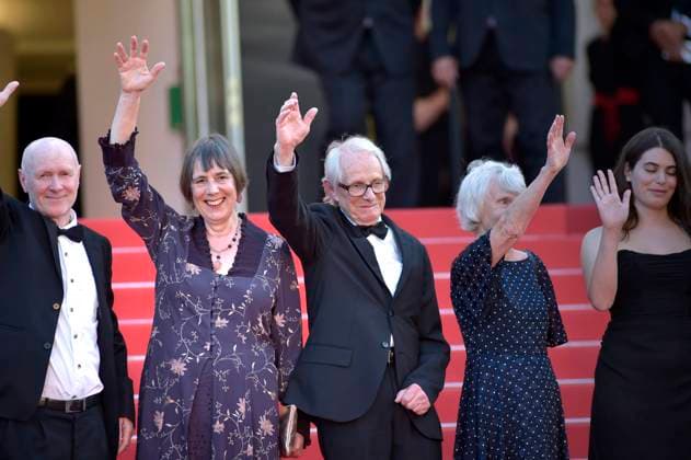 Paul Laverty, Rebecca O Brien, Director Ken Loach, Lesley Ashton, Ebla Mari, Dave Turner attend the The Old Oak red carpet during the 76th annual Cannes film festival at Palais des Festivals in Cannes, France on Friday, May 26, 2023.  CANN20230526106 RoccoxSpaziani