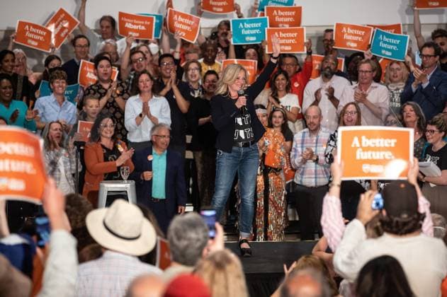 May 28, 2023, EDMONTON, AB, CANADA: Leader of the NDP Rachel Notley speaks during a campaign rally in Edmonton Alberta on Sunday May 28, 2023. EDMONTON CANADA  - ZUMAc35_ 20230528_zaf_c35_026 Copyright: xJasonxFransonx