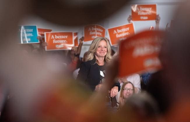 May 28, 2023, EDMONTON, AB, CANADA: Leader of the NDP Rachel Notley speaks during a campaign rally in Edmonton Alberta on Sunday May 28, 2023. EDMONTON CANADA  - ZUMAc35_ 20230528_zaf_c35_027 Copyright: xJasonxFransonx