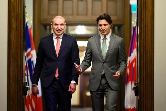 May 29, 2023, Ottawa, ON, CAN: Canada s Prime Minister Justin Trudeau walks with President of Iceland Gudni Johannesson during a state visit to Canada, on Parliament Hill in Ottawa, on Monday, May 29, 2023. Ottawa CAN  - ZUMAc35_ 20230529_zaf_c35_015 Copyright: xJustinxTangx