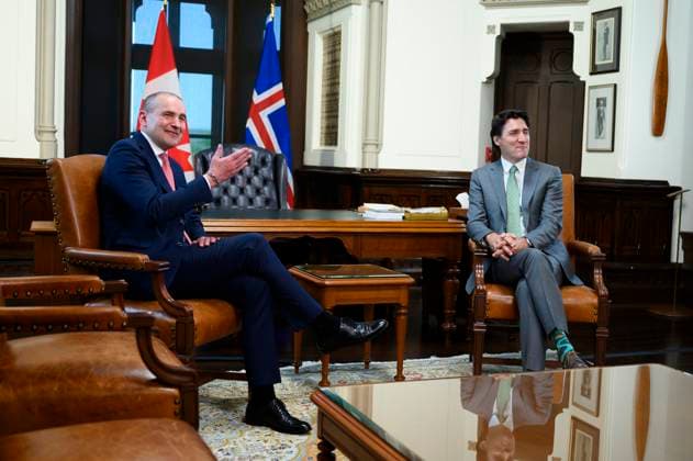 May 29, 2023, Ottawa, ON, CAN: Canada s Prime Minister Justin Trudeau and President of Iceland Gudni Johannesson speak before a bilateral meeting on Parliament Hill in Ottawa, on Monday, May 29, 2023. Ottawa CAN  - ZUMAc35_ 20230529_zaf_c35_018 Copyright: xJustinxTangx
