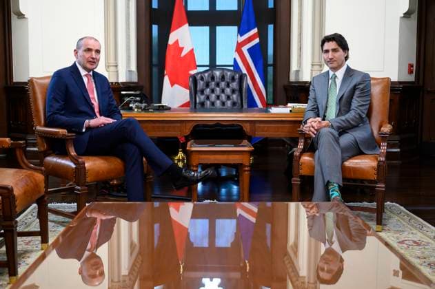 May 29, 2023, Ottawa, ON, CAN: Canada s Prime Minister Justin Trudeau and President of Iceland Gudni Johannesson speak before a bilateral meeting on Parliament Hill in Ottawa, on Monday, May 29, 2023. Ottawa CAN  - ZUMAc35_ 20230529_zaf_c35_019 Copyright: xJustinxTangx