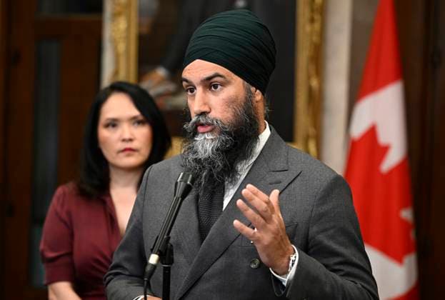 May 29, 2023, Ottawa, ON, CAN: NDP Leader Jagmeet Singh speaks to reporters about an NDP motion to have David Johnston step down as Special Raporteur on foreign interference, before heading into Question Period on Parliament Hill in Ottawa, on Monday, May 29, 2023. Ottawa CAN  - ZUMAc35_ 20230529_zaf_c35_084 Copyright: xJustinxTangx