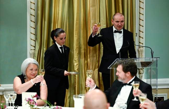 May 29, 2023, Ottawa, ON, CAN: Mary Simon, left, Governor General of Canada, and Chief Justice of the Supreme Court of Canada Richard Wagner , lower right, raise their glasses as President of Iceland Gudni Johannesson makes a toast at a state dinner at Rideau Hall in Ottawa, on Monday, May 29, 2023. Ottawa CAN - ZUMAc35_ 20230529_zaf_c35_123 Copyright: xJustinxTangx