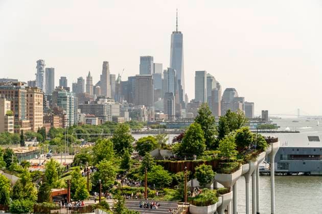 Hudson River Park in New York Little Island with the Lower Manhattan skyline on Memorial Day, Monday, May 29, 2023 in Hudson River Park in New York. The weather over the three-day weekend in New York could best be described as delightful encouraging those that stayed in the city or visited the city to pursue outdoor activities, even sedentary ones. (  RichardxB.xLevine