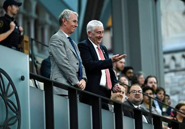 May 30, 2023, Ottawa, ON, CAN: Sir Lindsay Hoyle, right, Speaker of the House of Commons of the United Kingdom, and Deputy Speaker Nigel Evans, left, rise as they are recognized by Speaker of the House of Commons Anthony Rota, not shown, at the end of Question Period in the House of Commons on Parliament Hill in Ottawa on Tuesday, May 30, 2023. Ottawa CAN  - ZUMAc35_ 20230530_zaf_c35_064 Copyright: xJustinxTangx