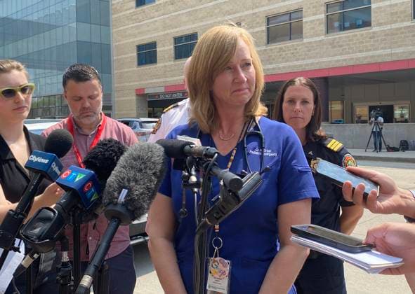 May 31, 2023, Winnipeg, MB, CANADA: Dr. Karen Gripp, the medical director of the children s emergency department at the Winnipeg Health Sciences Centre, speaks to media Wednesday, May 31, 2023. Seventeen schoolchildren and one adult were taken to hospital after a fall at Fort Gibraltar -- a popular tourist attraction in Winnipeg. Winnipeg CANADA  - ZUMAc35_ 20230531_zaf_c35_091 Copyright: xStevexLambertx