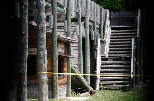 May 31, 2023, Winnipeg, MB, CANADA: Two sections of a collapsed walkway are shown behind tape at Fort Gibraltar in Winnipeg, Wednesday, May 31, 2023. Seventeen schoolchildren and one adult were taken to hospital after a fall Wednesday at the popular tourist attraction. Winnipeg CANADA  - ZUMAc35_ 20230531_zaf_c35_123 Copyright: xJohnxWoodsx