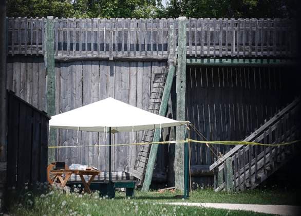 May 31, 2023, Winnipeg, MB, CANADA: A section of collapsed walkway (centre right, behind tent) is shown at Fort Gibraltar in Winnipeg, Wednesday, May 31, 2023. Seventeen schoolchildren and one adult were taken to hospital after a fall Wednesday at the popular tourist attraction. Winnipeg CANADA  - ZUMAc35_ 20230531_zaf_c35_126 Copyright: xJohnxWoodsx