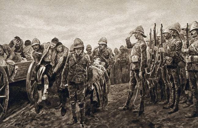 Burenkrieg, Soldaten grüßen die Verwundeten außerhalb des Schlachtfelds am Modder River, 1899, Soldaten. Militärische Uniformen, Kriegsverwundete, Krankenwagen, Historisch, digital restaurierte Reproduktion von einer Vorlage aus der damaligen Zeit