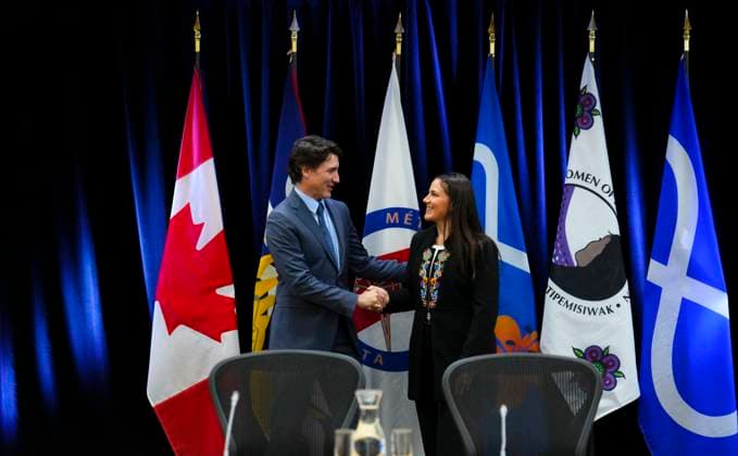 June 1, 2023, Ottawa, ON, CAN: Prime Minister Justin Trudeau and Metis National Council President Cassidy Caron, middle, co-chair a Metis National Council meeting in Ottawa on Thursday, June 1, 2023. Ottawa CAN  - ZUMAc35_ 20230601_zaf_c35_006 Copyright: xSeanxKilpatrickx