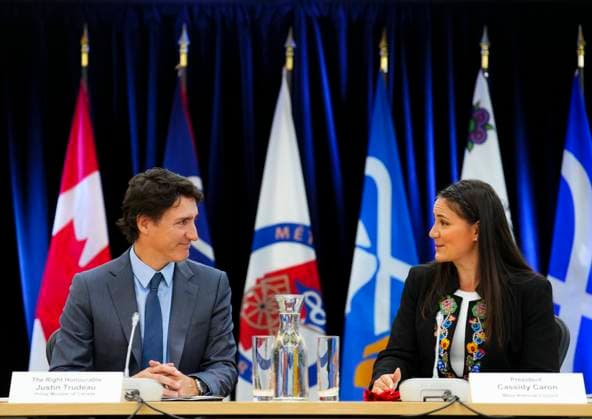 June 1, 2023, Ottawa, ON, CAN: Prime Minister Justin Trudeau and Metis National Council President Cassidy Caron, middle, co-chair a Metis National Council meeting in Ottawa on Thursday, June 1, 2023. Ottawa CAN  - ZUMAc35_ 20230601_zaf_c35_010 Copyright: xSeanxKilpatrickx
