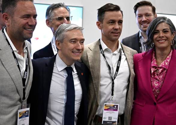 June 1, 2023, Ottawa, ON, CAN: Minister of Innovation, Science and Industry Francois-Philippe Champagne poses for a photo with James Davies, second from right, President and CEO of Canadian shipbuilder Davie and Inocea Group, at the CANSEC trade show, billed as North AmericaöÄÃ s largest multi-service defence event, in Ottawa, on Thursday, June 1, 2023. Ottawa CAN - ZUMAc35_ 20230601_zaf_c35_034 Copyright: xJustinxTangx