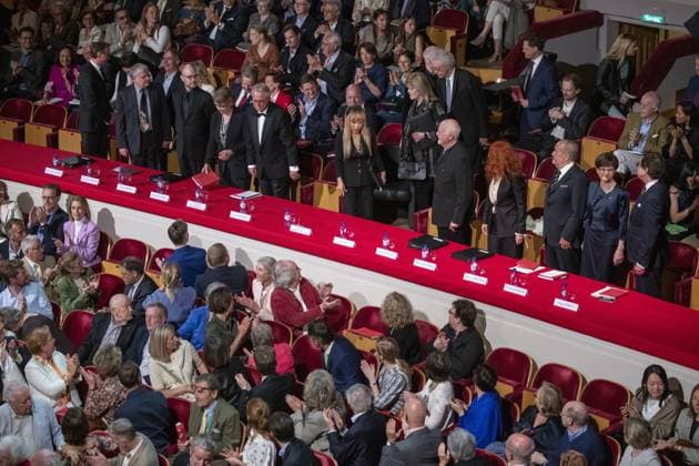Illustration picture shows the jury members at the start of the finals of the 2023 edition of the Queen Elisabeth Voice Competition, the tenth edition, at the Brussels Bozar concert hall, Thursday 01 June 2023.  NICOLASxMAETERLINCK 68264873