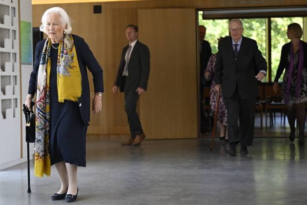 Queen Paola of Belgium (front) and King Albert II of Belgium (rear) pictured during the Academic Closing Ceremony at the Queen Elisabeth Music chapel, in Waterloo, Friday 02 June 2023. The Queen will present the Artists in Residence at the Queen Elisabeth Music Chapel with their Artist Diploma, marking the end of their residency at the Queen Elisabeth Music Chapel.  DIRKxWAEM 68306317
