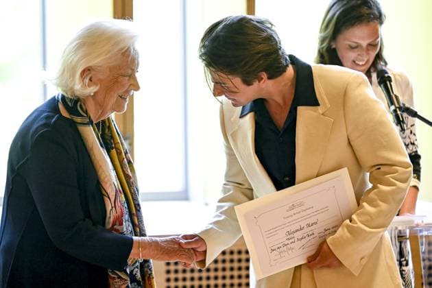 Queen Paola of Belgium and Alexander Marev pictured during the Academic Closing Ceremony at the Queen Elisabeth Music chapel, in Waterloo, Friday 02 June 2023. The Queen will present the Artists in Residence at the Queen Elisabeth Music Chapel with their Artist Diploma, marking the end of their residency at the Queen Elisabeth Music Chapel.  DIRKxWAEM 68311545