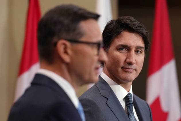 June 2, 2023, TORONTO, ON, Canada: Prime Minister Justin Trudeau looks over at Poland Prime Minister Mateusz Morawiecki during an announcement in Toronto on Friday, June 2, 2023. TORONTO Canada  - ZUMAc35_ 20230602_zaf_c35_048 Copyright: xChrisxYoungx