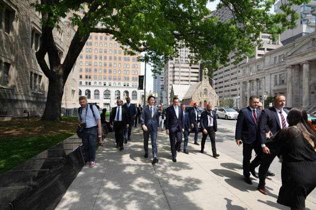 June 2, 2023, TORONTO, ON, Canada: Prime Minister Justin Trudeau walks along a street with Poland Prime Minister Mateusz Morawiecki on their way to an announcement in Toronto on Friday, June 2, 2023. TORONTO Canada  - ZUMAc35_ 20230602_zaf_c35_049 Copyright: xChrisxYoungx