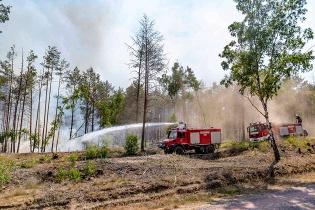 Waldbrand in Jüterbog breitet sich auf 150 Hektar aus, Bei dem Waldbrand bei Jüterbog verschärfte der aufkommende Wind und die warmen Temperaturen am Wochenende die Lage am Brandort. Das Feuer hatte sich bis zum Sonntag auf ca. 150 Hektar ausgedehnt. Die Feuerwehr Jüterbog war mit zahlreichen Kräften im Einsatz und löschte vom Weg aus partiell die Brandherde ab, nach wie vor kann die Feuerwehr nur eingeschränkt vom Boden aus löschen, aufgrund der vorhandenen Munitionsverdachtsflächen auf dem gesamten Gebiet. Jüterbog Brandenburg Deutschland *** Forest fire in Jüterbog spreads to 150 hectares, In the forest fire near Jüterbog, the emerging wind and warm temperatures at the weekend exacerbated the situation at the site of the fire
