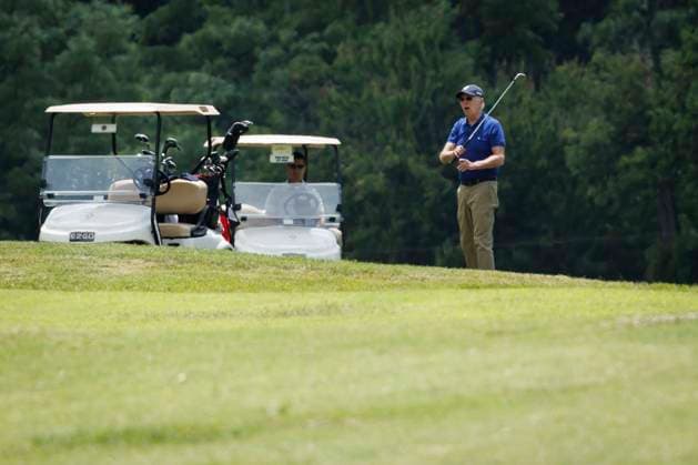 United States President Joe Biden looks on after playing a shot from the fairway on the golf course at Joint Base Andrews, MD, US, on Sunday, June 4, 2023. Biden yesterday signed legislation averting a US debt default, sidestepping a catastrophic blow to the economy with a bipartisan victory that defied Washington expectations. Copyright: xTingxShenx xPoolxviaxCNPx MediaPunchx