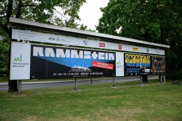 Rammstein thank you Munich for 4 sold out shows and Scorpions Rock Believer Tour 2023 poster at Olympiapark, Munich 5 06 2023