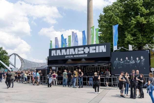 Fans queue in the heat at the Official Merchandise Stand at the Rammstein concert by Till Lindemann at the Olympiapark in Munich Date 07 06 2023