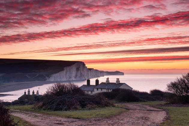 The Seven Sisters white chalk cliffs at dawn from Cuckmere Haven, South Downs National Park, East Sussex, England, United Kingdom, Europe Copyright: AlanxNovelli 1353-492