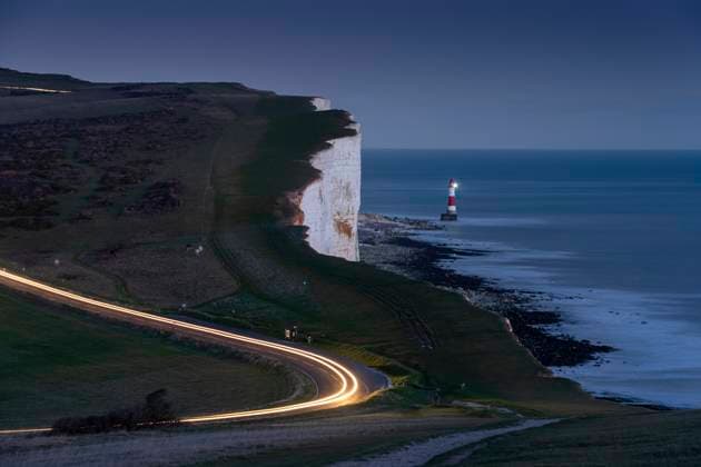 Beachy Head Lighthouse and Beachy Head at night, near Eastbourne, South Downs National Park, East Sussex, England, United Kingdom, Europe Copyright: AlanxNovelli 1353-499