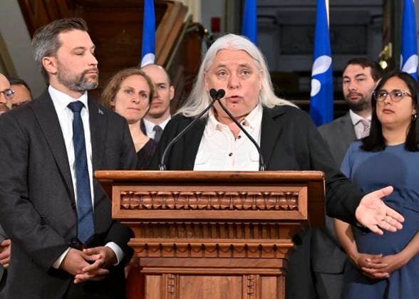 June 9, 2023, QUEBEC, PQ, Canada: Quebec Solidaire co-spokesperson Manon Masse peaks at a news conference marking the end of the Spring session, Friday, June 9, 2023 at the legislature in Quebec City. Quebec Solidaire Leader Gabriel Nadeau-Dubois, left, looks on. QUEBEC Canada  - ZUMAc35_ 20230609_zaf_c35_008 Copyright: xJacquesxBoissinotx