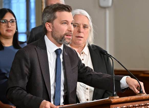 June 9, 2023, QUEBEC, PQ, Canada: Quebec Solidaire Leader Gabriel Nadeau-Dubois speaks at a news conference marking the end of the Spring session, Friday, June 9, 2023 at the legislature in Quebec City. Quebec Solidaire co-spokesperson Manon Masse, right, looks on. QUEBEC Canada  - ZUMAc35_ 20230609_zaf_c35_006 Copyright: xJacquesxBoissinotx
