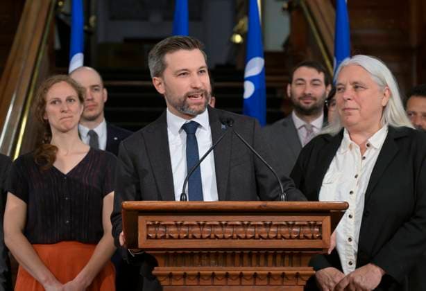 June 9, 2023, QUEBEC, PQ, Canada: Quebec Solidaire Leader Gabriel Nadeau-Dubois speaks at a news conference marking the end of the Spring session, Friday, June 9, 2023 at the legislature in Quebec City. Quebec Solidaire co-spokesperson Manon Masse, right, looks on. QUEBEC Canada  - ZUMAc35_ 20230609_zaf_c35_007 Copyright: xJacquesxBoissinotx