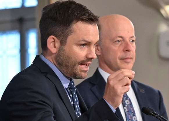 June 9, 2023, QUEBEC, PQ, Canada: Parti Quebecois Leader Paul St-Pierre Plamondon speaks at a news conference marking the end of the Spring session, Friday, June 9, 2023 at the legislature in Quebec City. MNA Joel Arseneau, behind, looks on. QUEBEC Canada  - ZUMAc35_ 20230609_zaf_c35_010 Copyright: xJacquesxBoissinotx