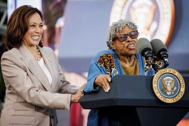 Opal Lee, also known as the Grandmother of Juneteenth, speaks alongside Vice President Kamala Harris during a Juneteenth concert on the South Lawn of the White House on June 13, 2023 in Washington, D.C. Juneteenth celebrates the emancipation of enslaved African Americans on June 19th and was declared a federal holiday in 2021 by President Joe Biden.  WASP20230613104 SamuelxCorum SipaxUSA