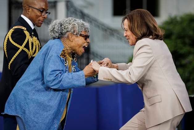 Vice President Kamala Harris recognizes Opal Lee, also known as the Grandmother of Juneteenth, during a Juneteenth concert on the South Lawn of the White House on June 13, 2023 in Washington, D.C. Juneteenth celebrates the emancipation of enslaved African Americans on June 19th and was declared a federal holiday in 2021 by President Joe Biden.  WASP20230613102 SamuelxCorum SipaxUSA