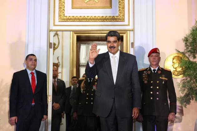 June 13, 2023, Caracas, Tehran, Venezuela: Venezuelan President NICOLAS MADURO waves during a joint declaration with the president of Iran. Venezuela is the first stop of Raisi s Latin America tour, which includes Cuba and Nicaragua. Caracas Venezuela - ZUMAi98_ 20230613_zih_i98_022 Copyright: xIranianxPresidencyx