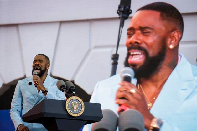 US actor and writer Colman Domingo speaks during a Juneteenth concert on the South Lawn of the White House on Tuesday, June 13, 2023 in Washington, DC. Juneteenth celebrates the emancipation of enslaved African Americans on June 19th and was declared a federal holiday in 2021 by President Joe Biden. (  WASP20230613168 SamuelxCorum